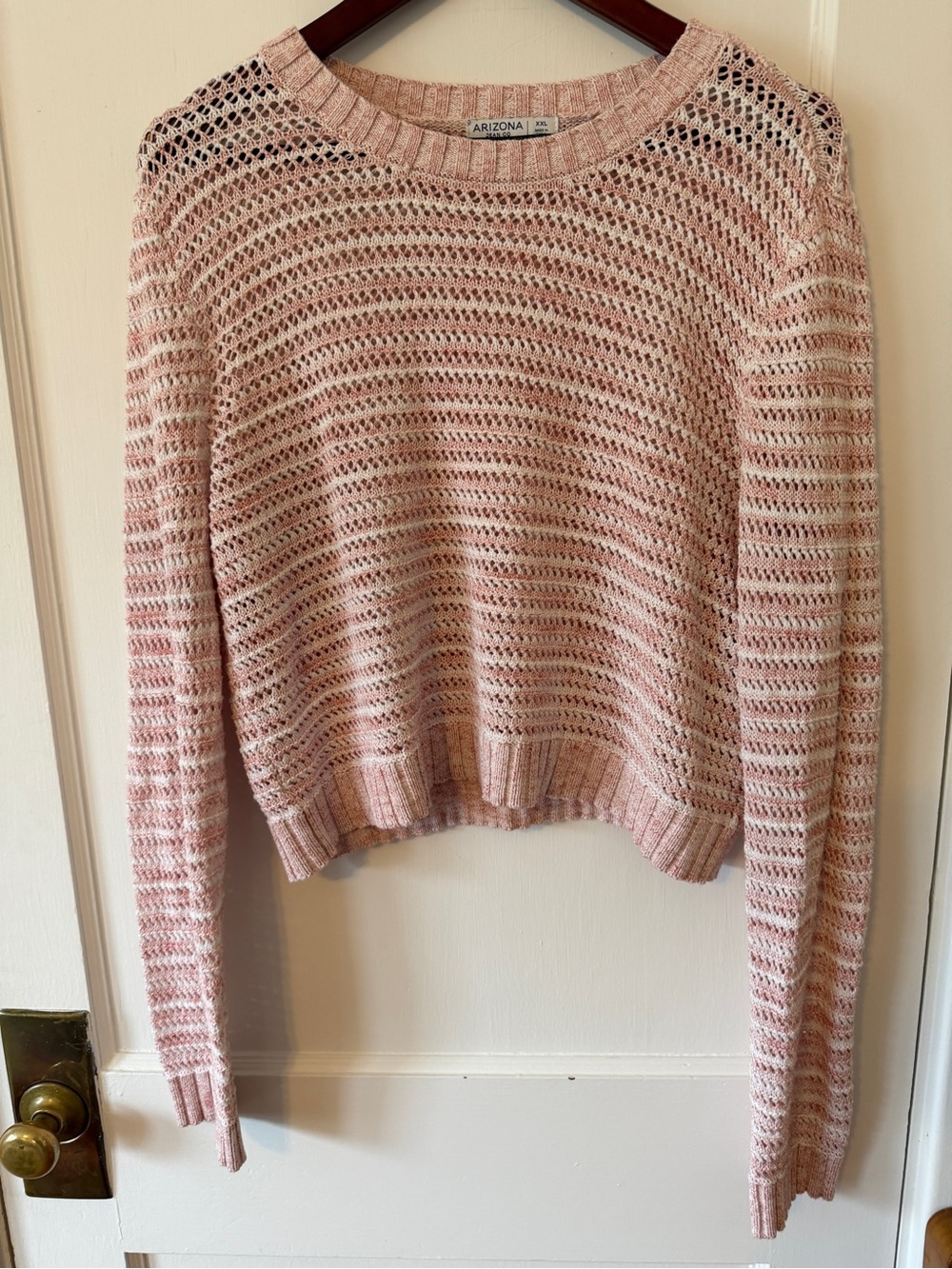 Arizona Pink Open-Weave Crewneck Sweater Cropped Boho Casual Coastal Coquette